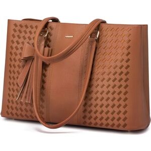 Camel brown work tote with padded laptop pocket